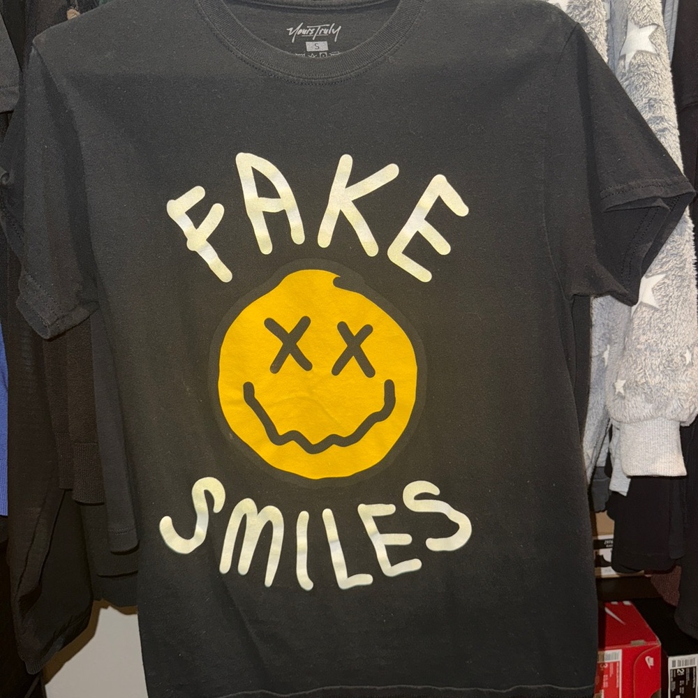Yours Truly Black T-Shirt with Yellow Graphic Fake Smiles